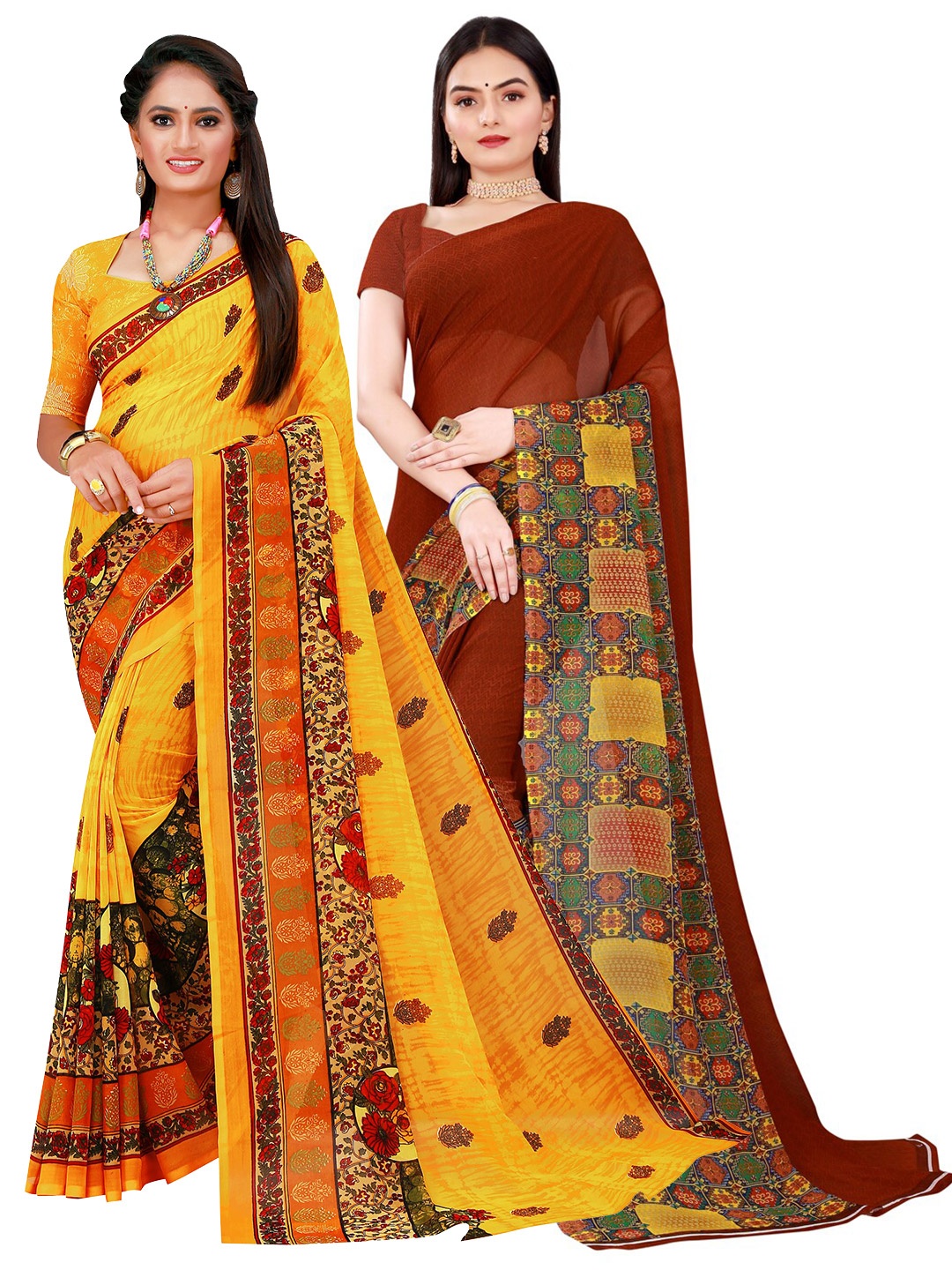 

KALINI Pack of 2 Yellow & Black Printed Pure Georgette Saree