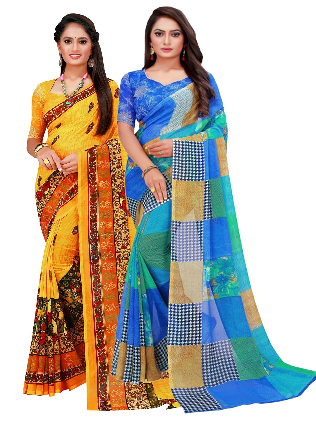 

KALINI Blue & Yellow Floral Printed Pure Georgette Saree