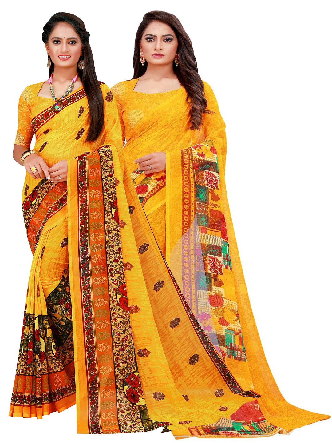 

KALINI Pack of 2 Yellow & Brown Printed Pure Georgette Saree