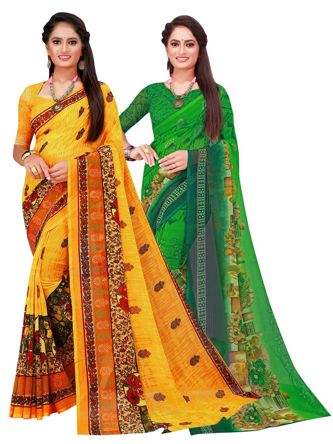 

KALINI Yellow & Green Printed Pure Georgette Saree