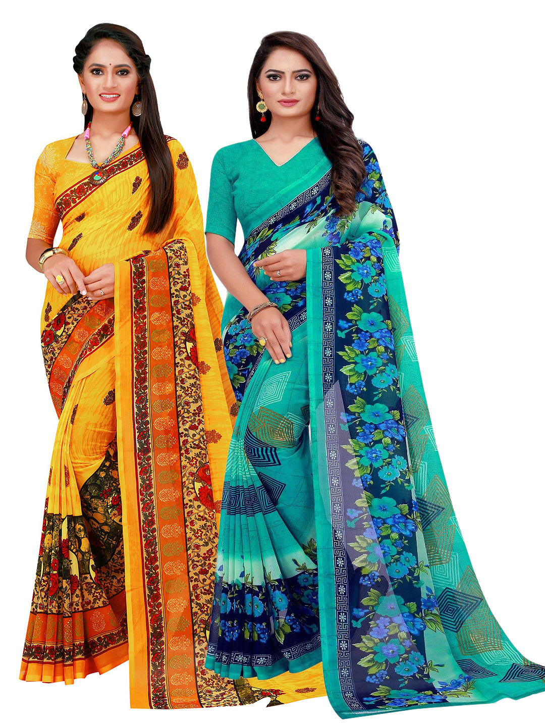 

KALINI Set Of 2 Turquoise Blue & Yellow Floral Pure Georgette Saree