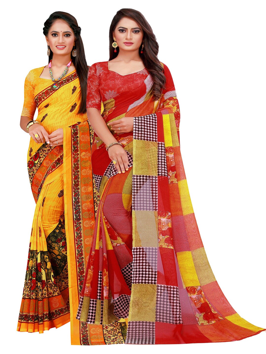 

KALINI Set Of 2 Yellow & Red Floral Pure Georgette Saree