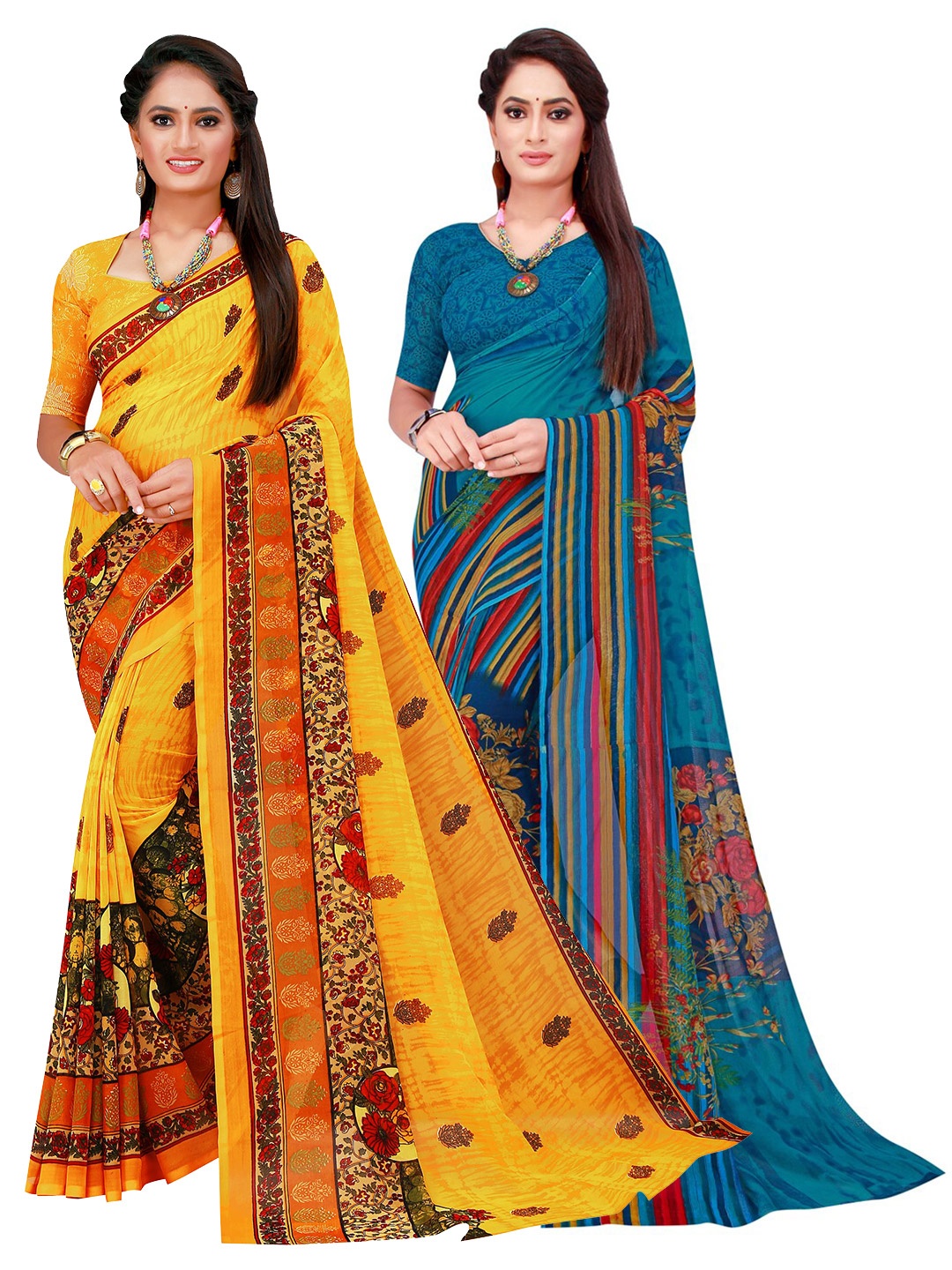 

KALINI Set Of 2 Yellow & Blue Floral Pure Georgette Saree