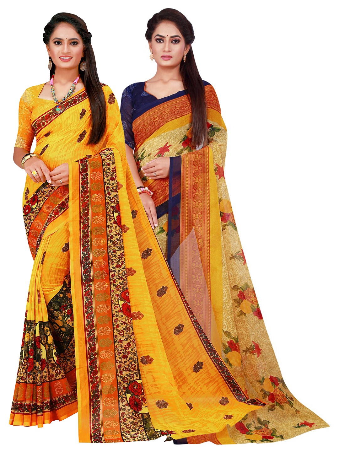 

KALINI Set Of 2 Yellow & Beige Floral Pure Georgette Saree