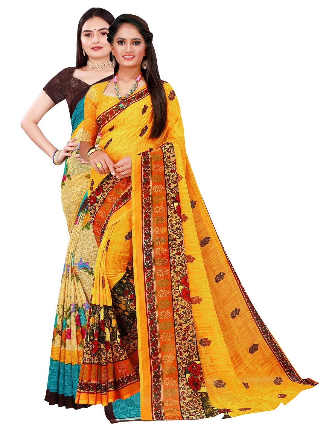 

KALINI Set Of 2 Yellow & Turquoise Blue Floral Pure Georgette Saree