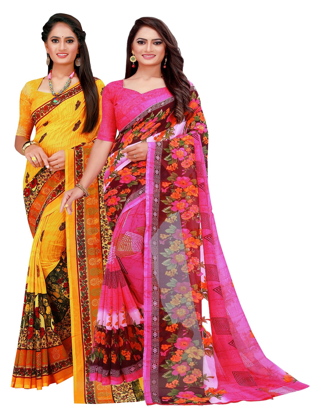 

KALINI Set Of 2 Yellow & Pink Floral Pure Georgette Saree