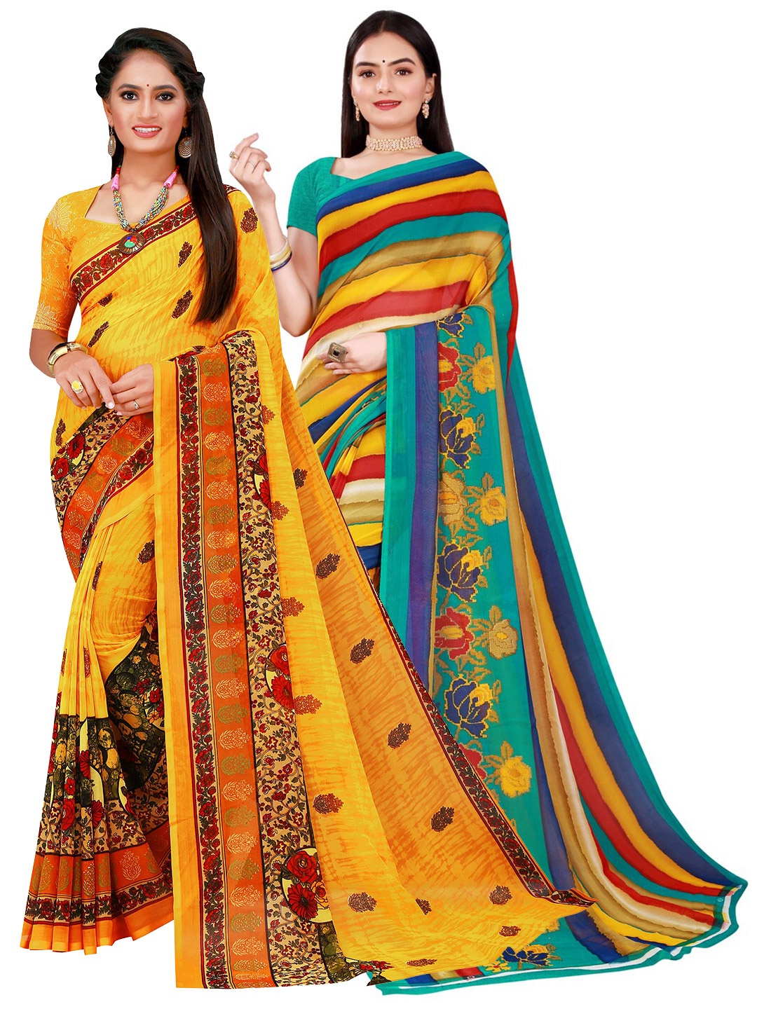 

KALINI Yellow & Blue Pure Printed Georgette Saree