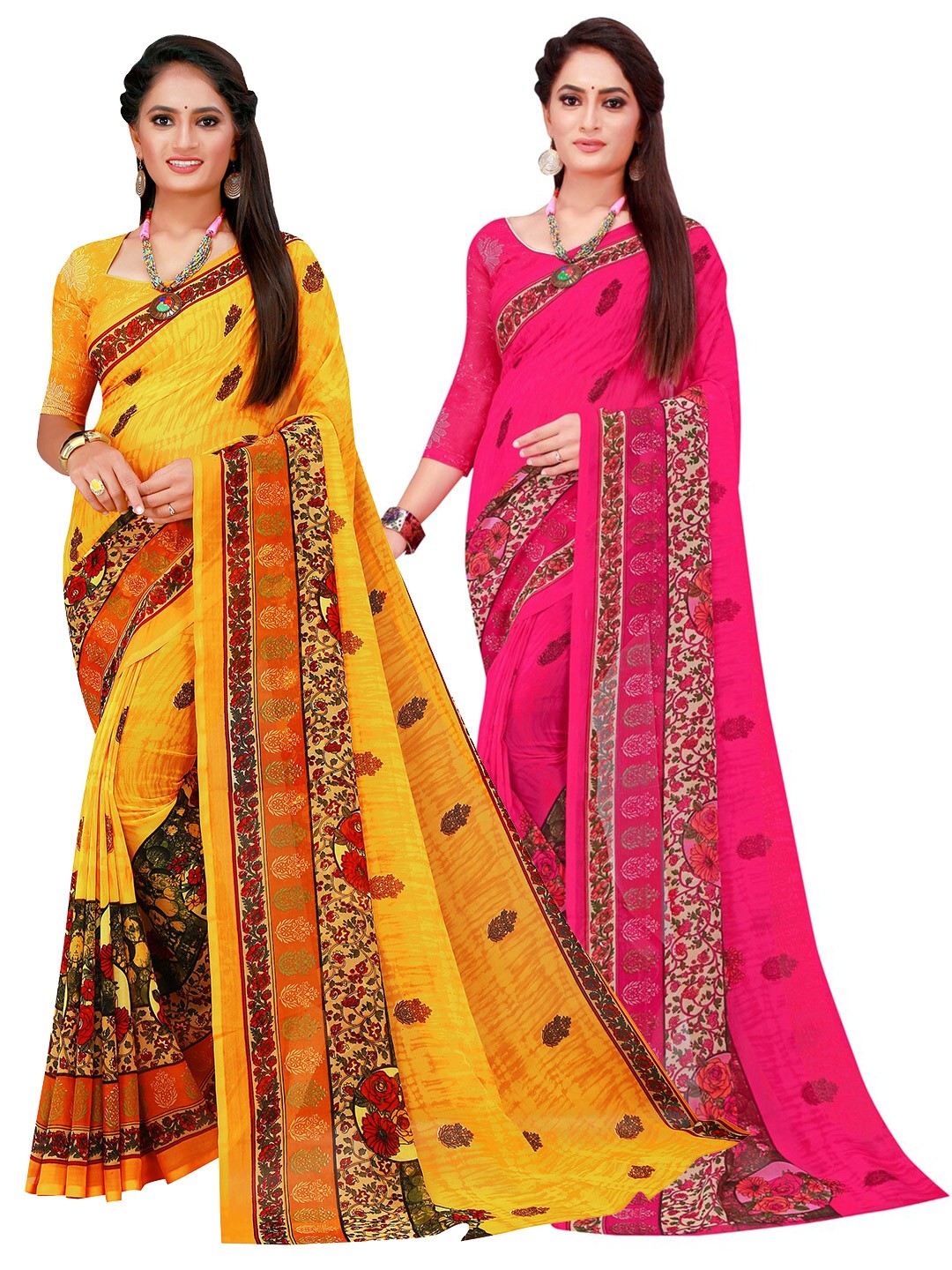

KALINI Yellow & Magenta Pure Georgette Saree