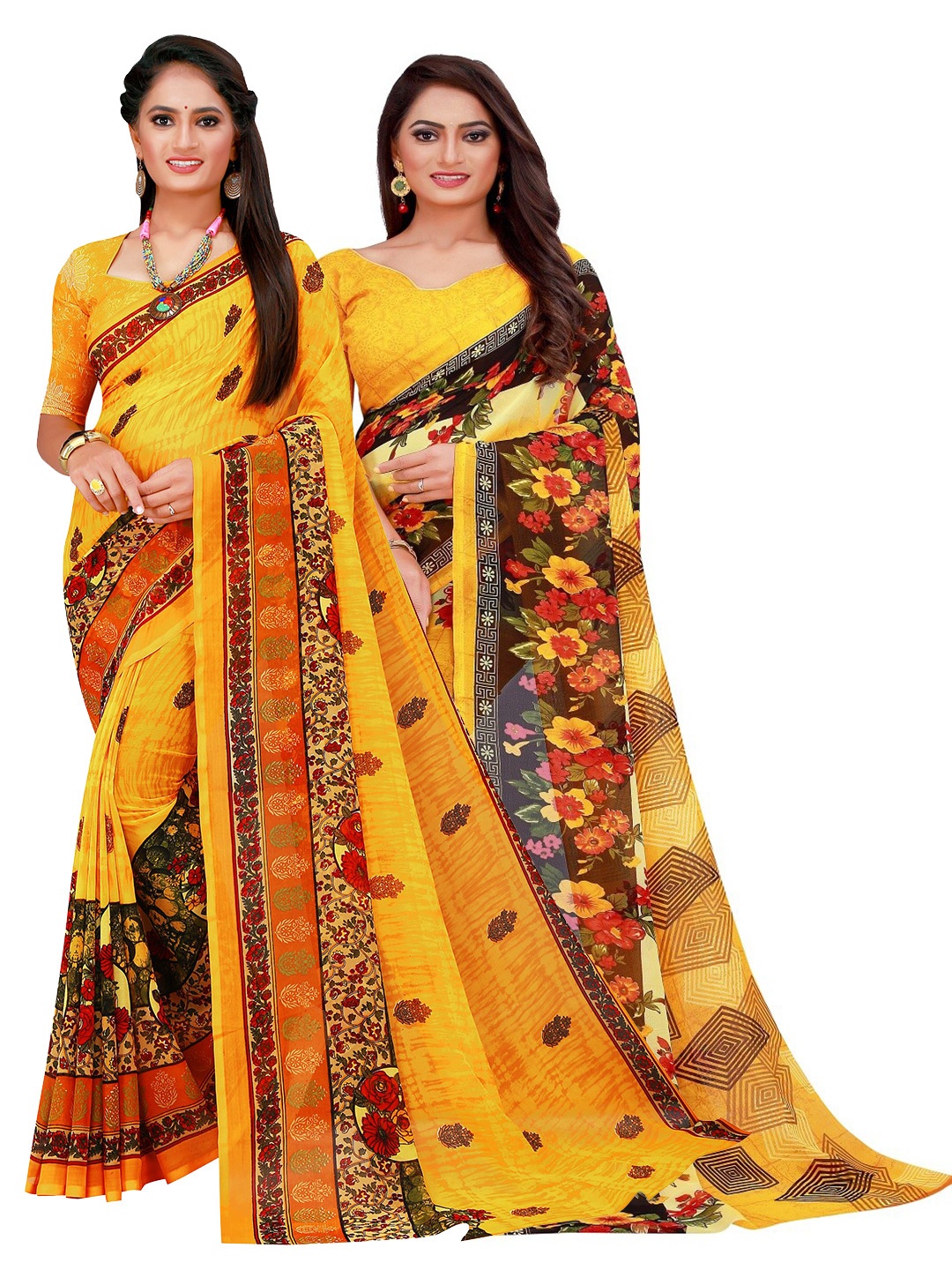 

KALINI Yellow & Brown Pure Georgette Saree