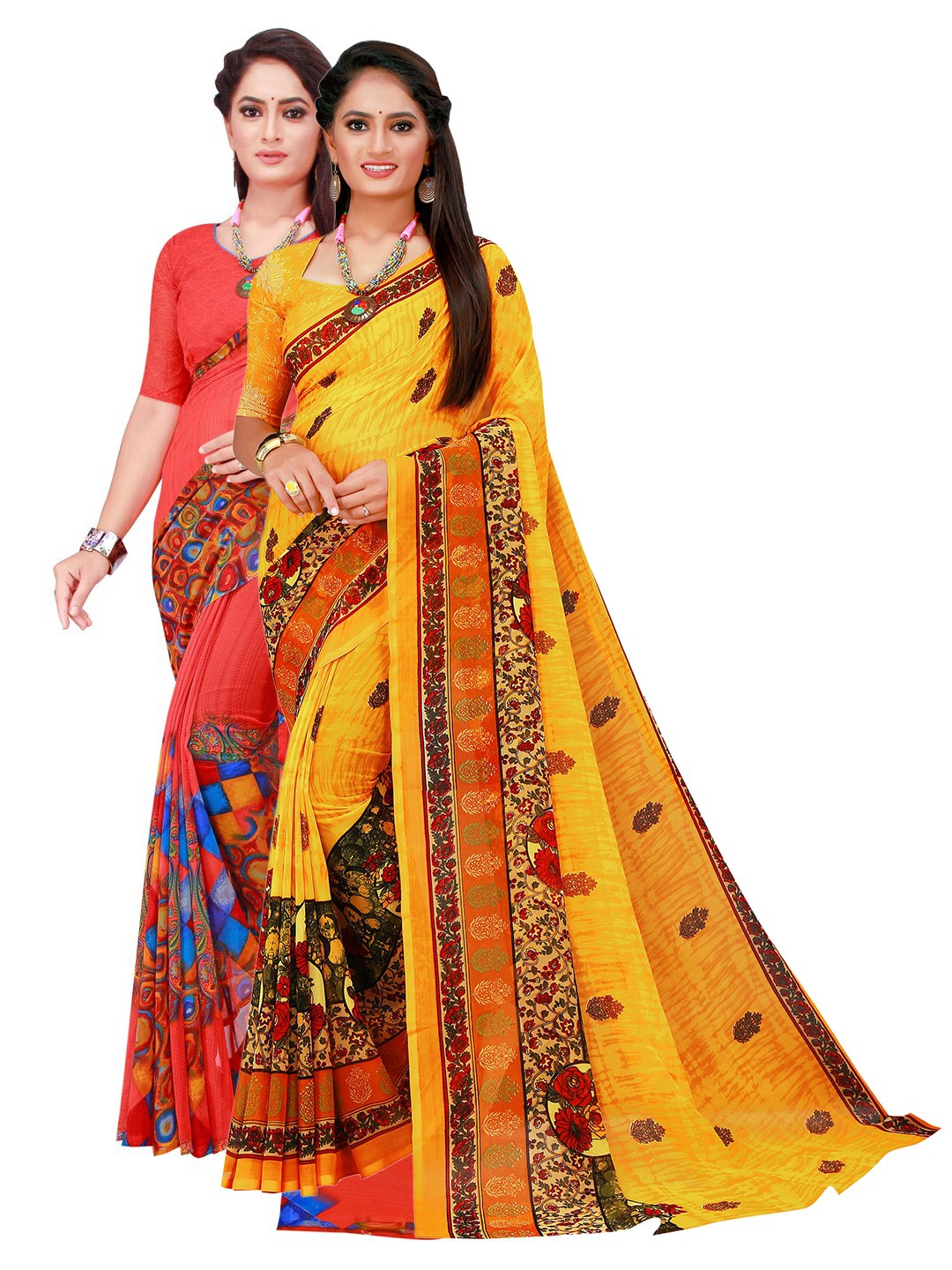 

KALINI Women Yellow & Red Pure Georgette Saree