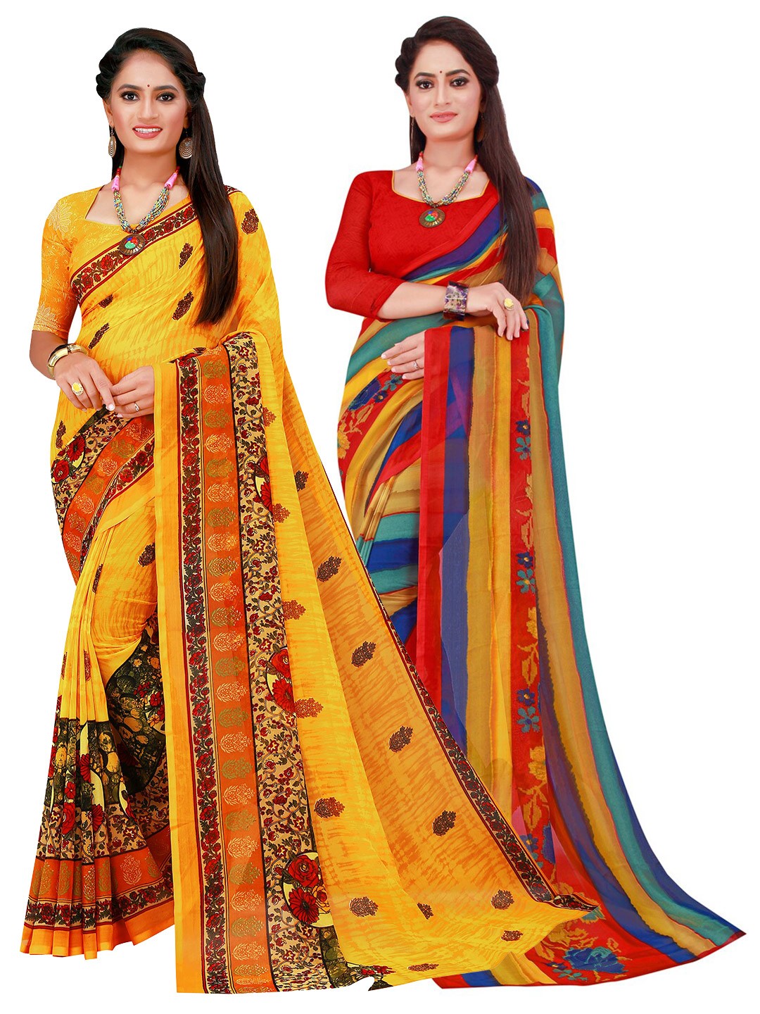 

KALINI Women Yellow & Blue Pure Georgette Saree