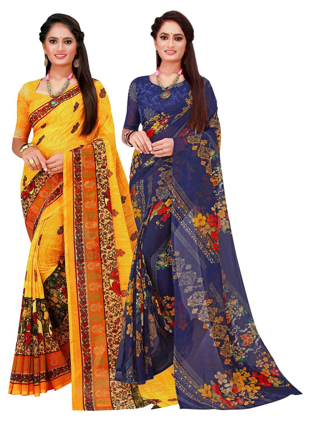 

KALINI Women Yellow & Navy Blue Pure Georgette Saree