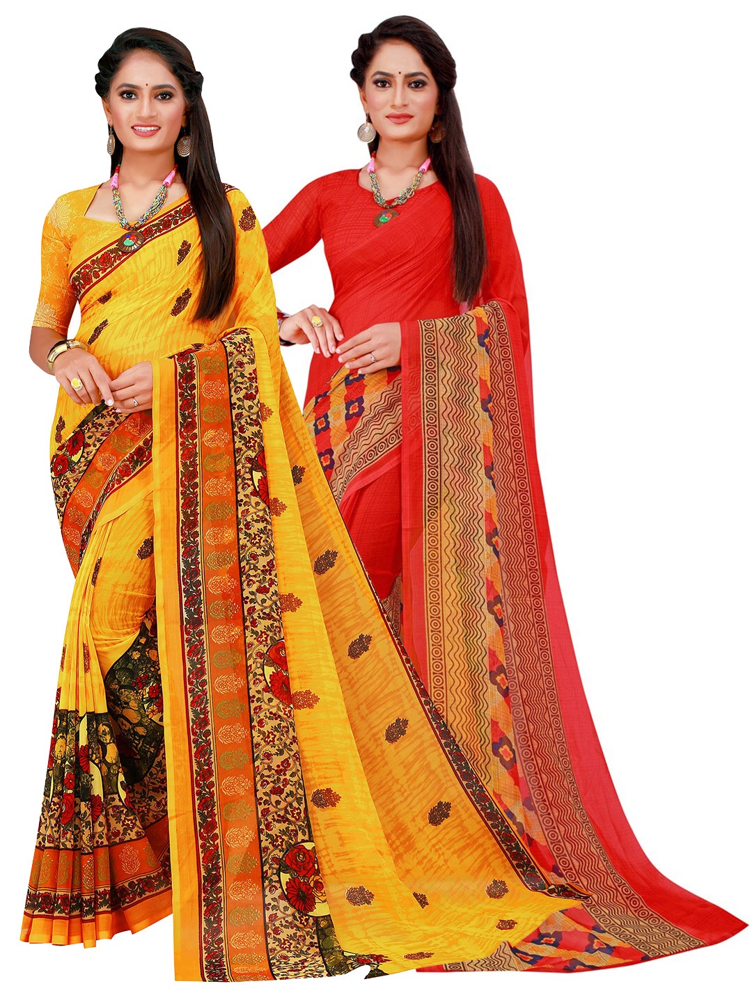 

KALINI Women Red & Yellow Pure Georgette Saree