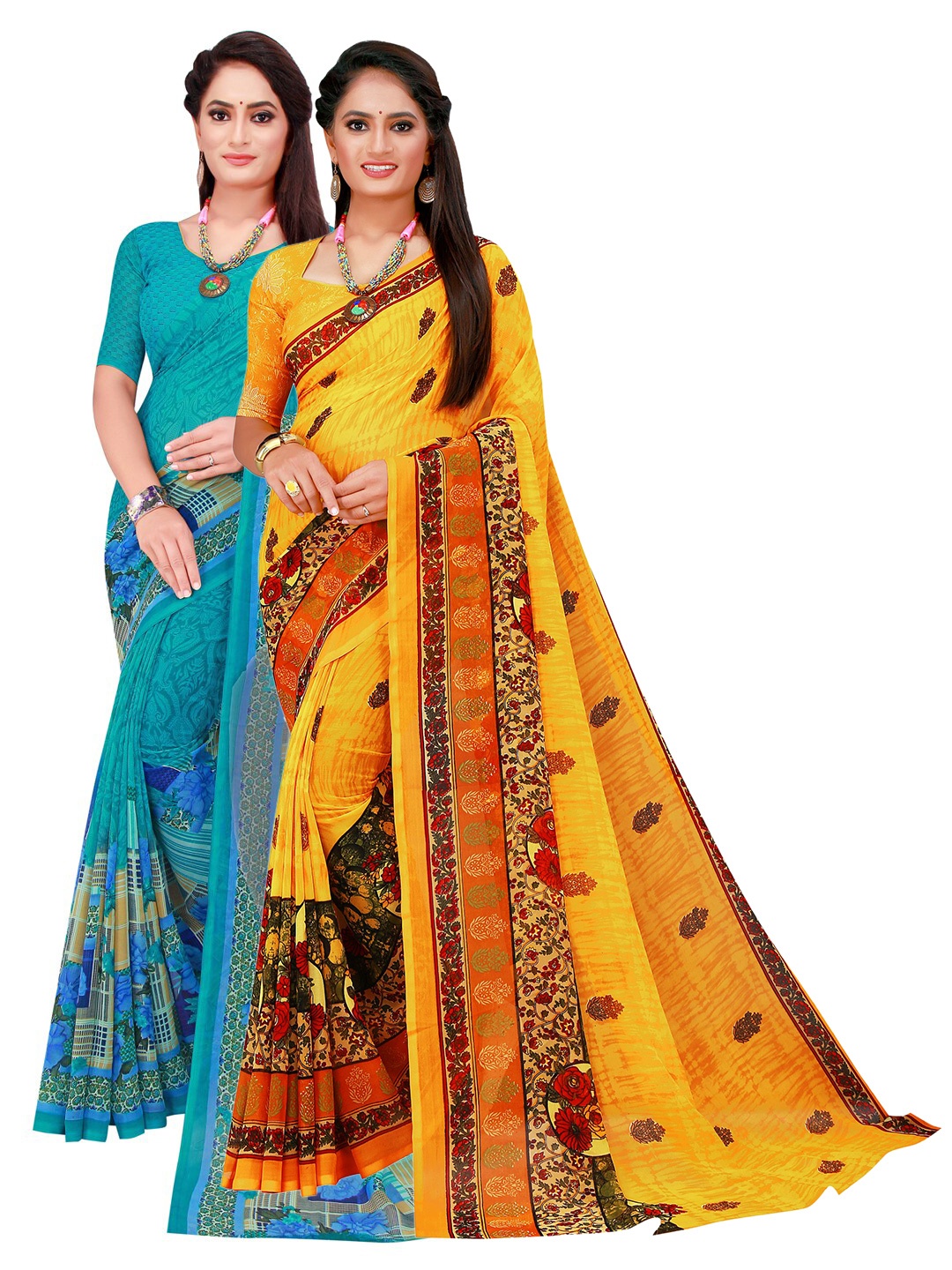 

KALINI Women Yellow & Green Pure Georgette Saree