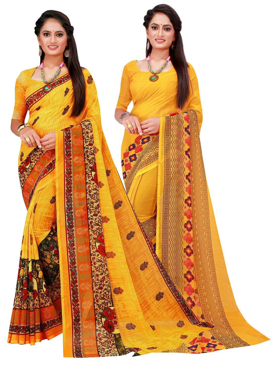 

KALINI Yellow & Red Pure Georgette Saree