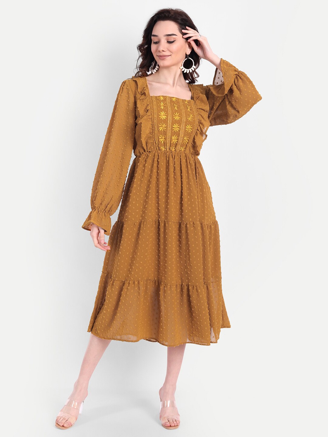 

Forevermore Mustard Yellow Chiffon Embroidred Ruffle Tiered Midi Dress