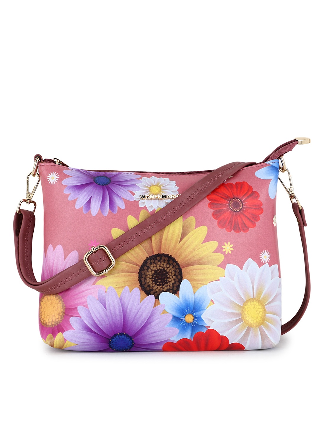 

WOMEN MARKS Pink Floral Printed PU Structured Sling Bag with Bow Detail