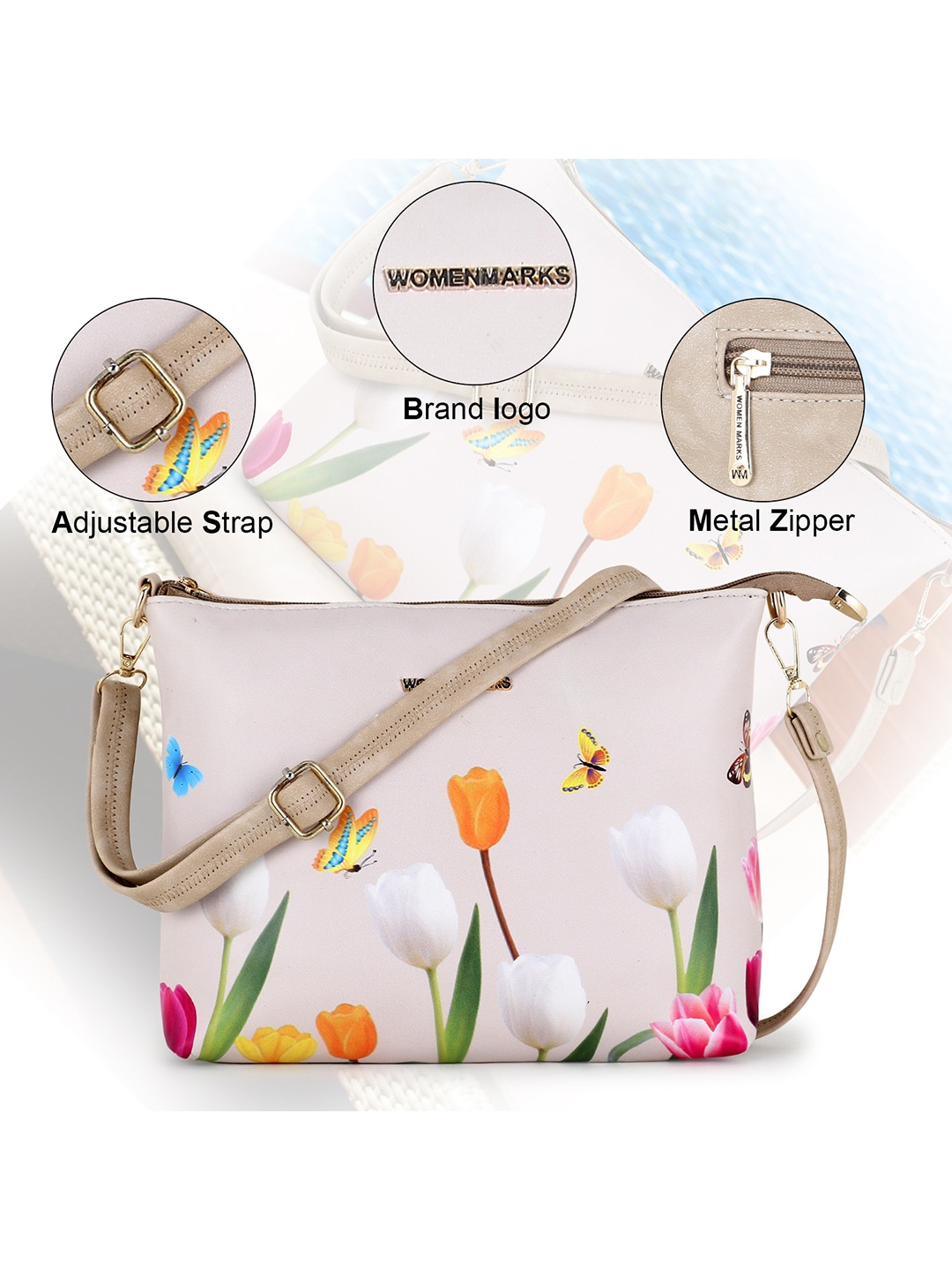 

WOMEN MARKS Cream-Coloured Printed PU Structured Sling Bag
