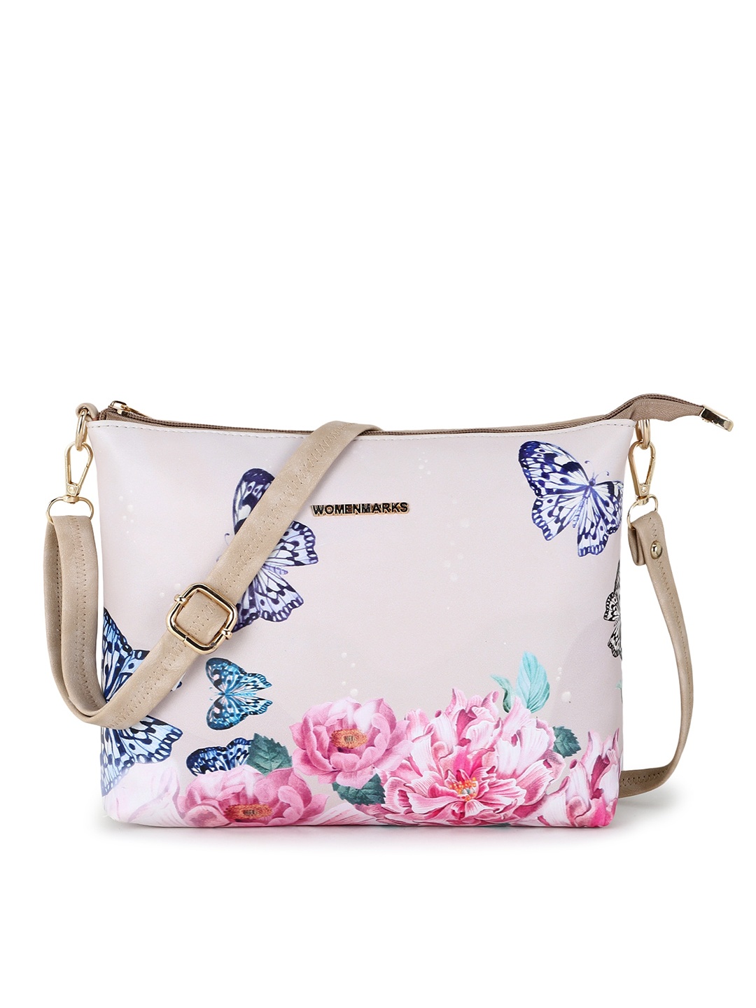 

WOMEN MARKS Cream-Coloured & PIink Floral Printed PU Structured Sling Bag