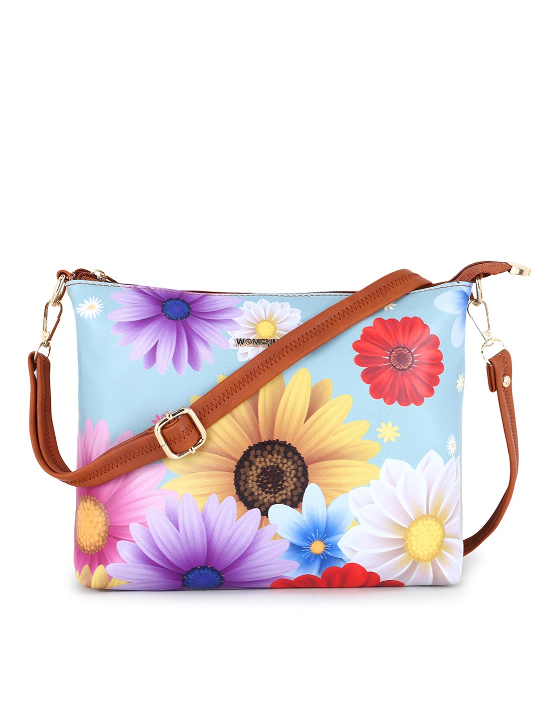 

WOMEN MARKS Tan Brown & Multi-Coloured Floral Printed PU Structured Sling Bag
