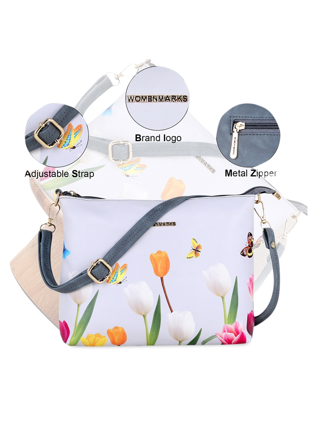 

WOMEN MARKS Grey Floral Printed PU Shopper Sling Bag