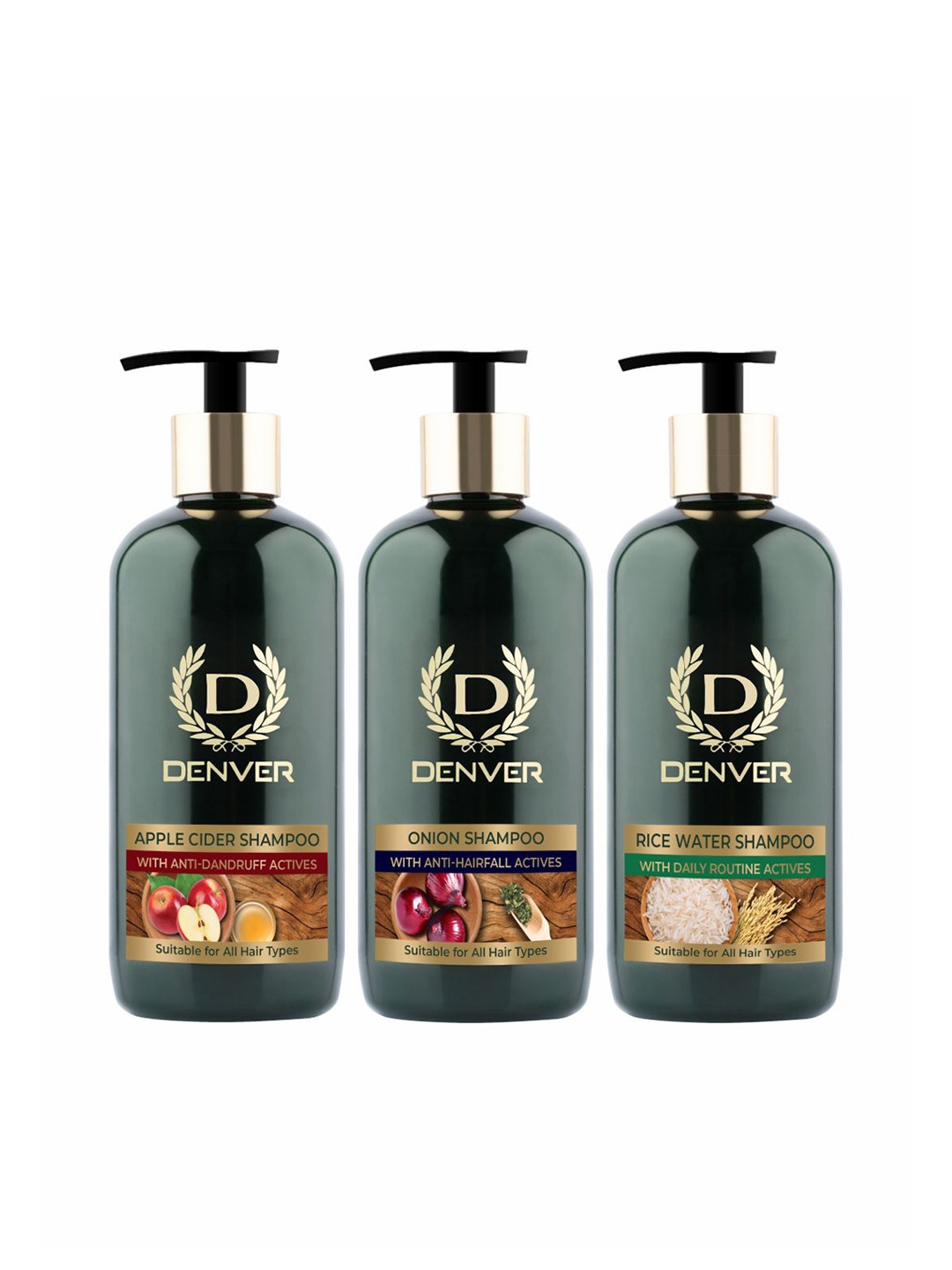 

Denver Set of 3 Shampoo - Apple Cider + Onion + Rice Water - 300ml Each, Black