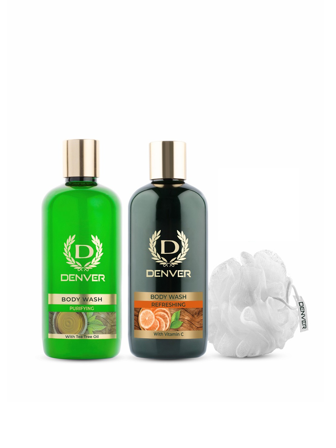 

Denver Set of 2 Body Wash with Loofah - Refreshing & Purifying Tea Tree Oil - 325ml Each, Green