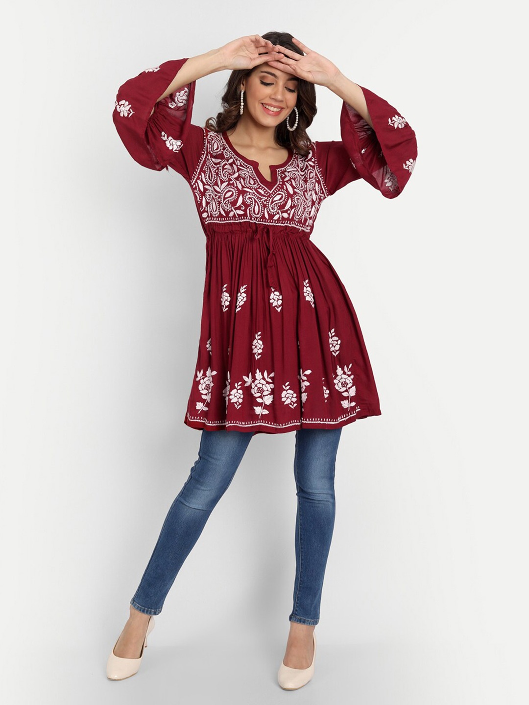 

Indiankala4u Women Maroon Ethnic Motifs Embroidered Anarkali Kurti