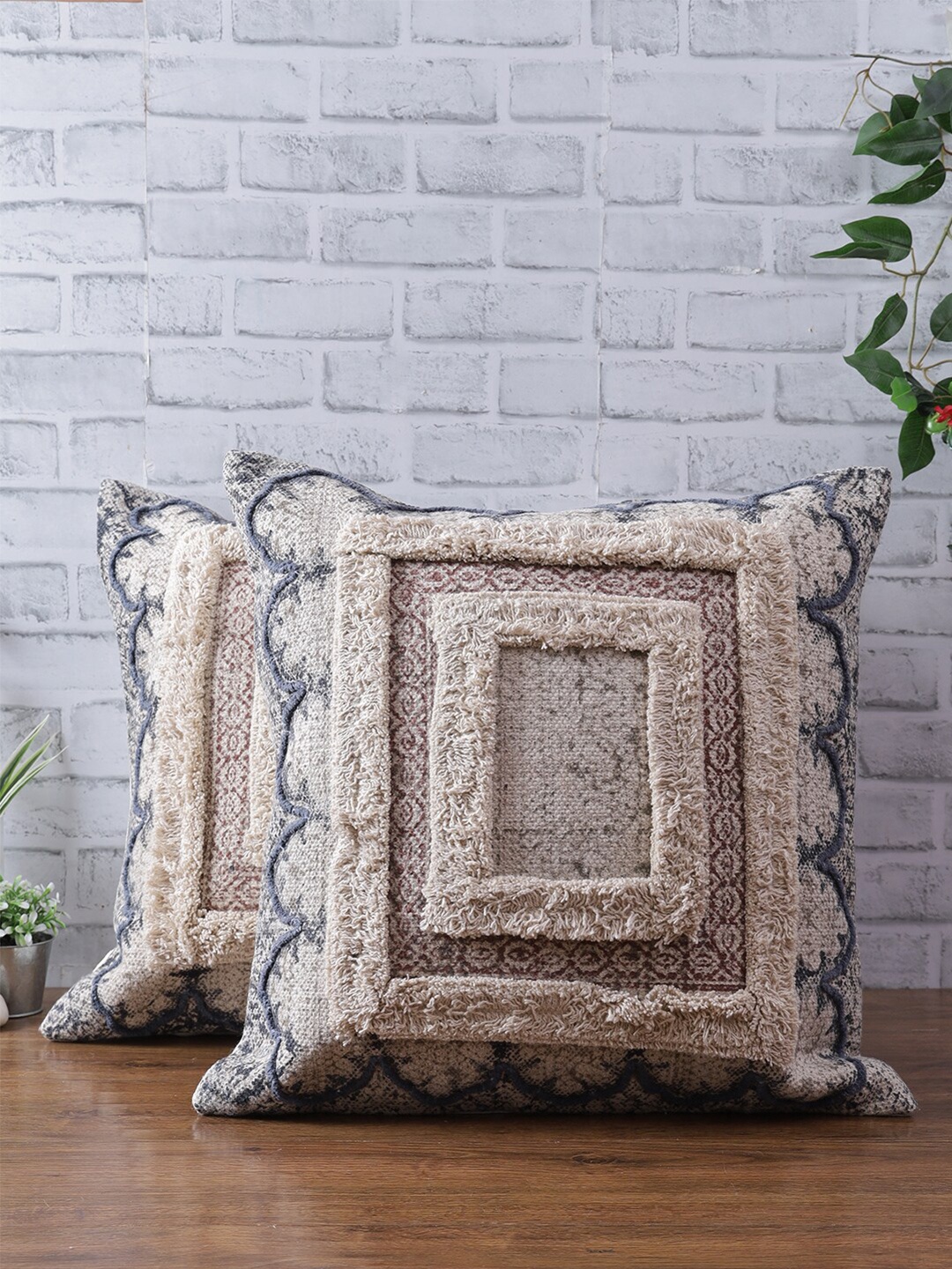 

eyda Adults White & Blue Set of 2 Quirky Square Cushion Covers