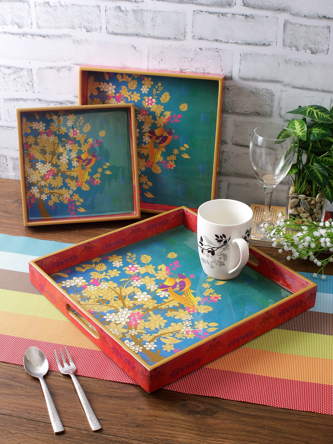 

eyda Set Of 3 Green & Blue Printed Wooden Trays