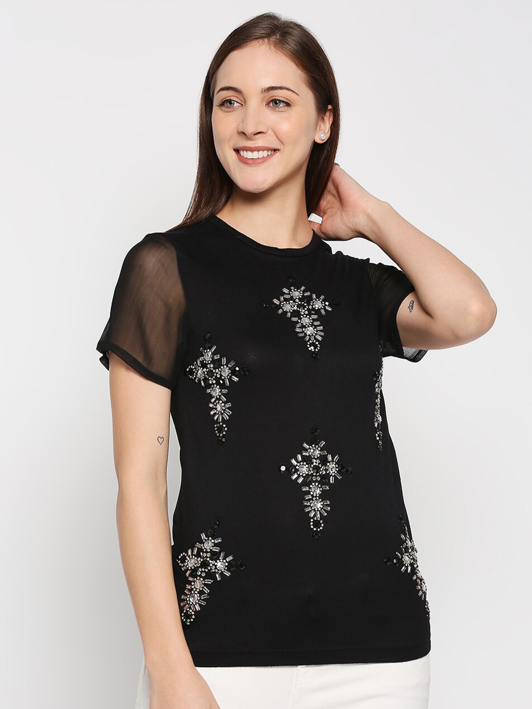 

aaliya Black Floral Print Crepe Top