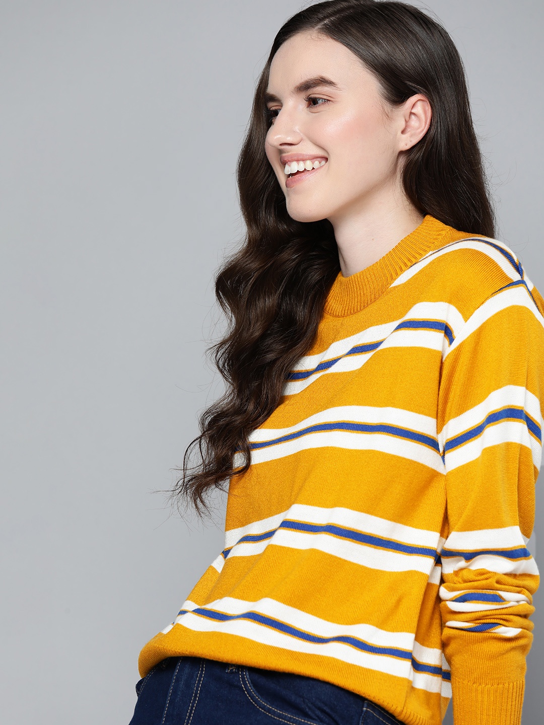 

Mast & Harbour Women Mustard Yellow & White Striped Acrylic Pullover