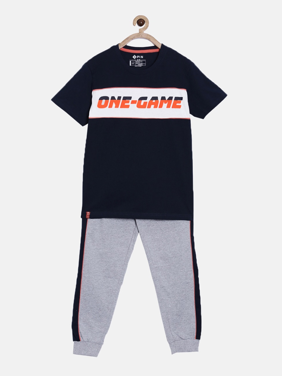 

3PIN Boys Navy Blue & Grey Printed Pure Cotton T-shirt with Joggers