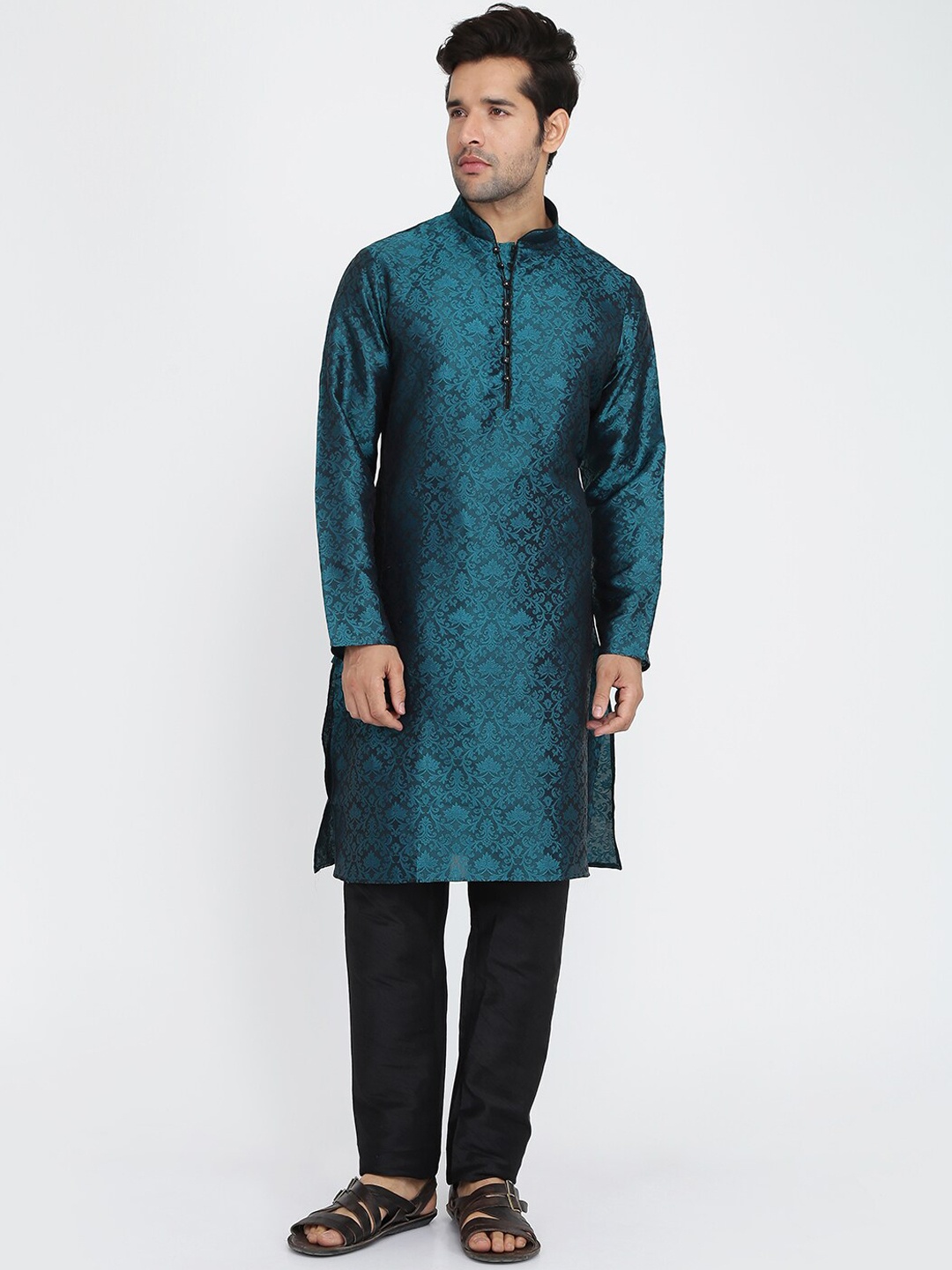 

ROYAL KURTA Men Green Ethnic Motifs Thread Work Summer Sheers Kurta