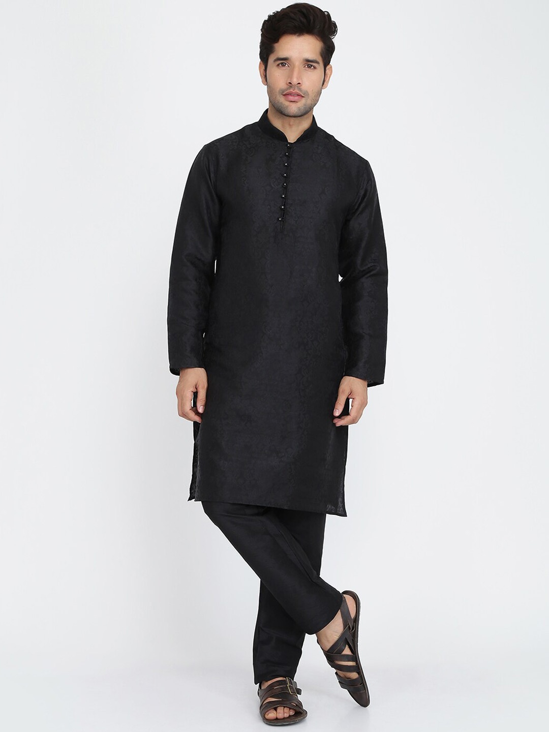 

ROYAL KURTA Men Black Thread Work Summer Sheers Kurta