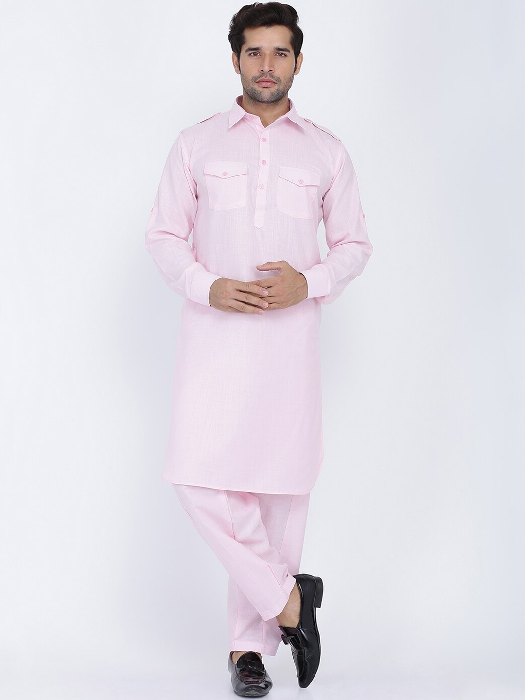 

ROYAL KURTA Men Pink Shawl Neck Pathani Kurta