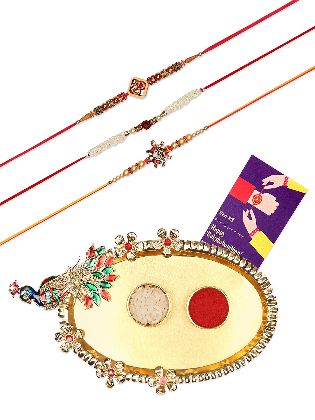 

AccessHer Set of 3 Rakhi With Pooja Thali, Red