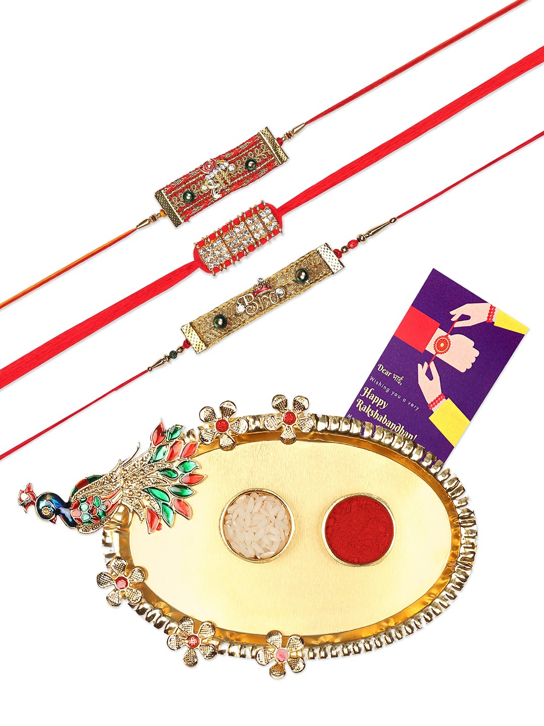 

AccessHer Women Set of 3 Stone Studded Rakhi Gift Set, Red