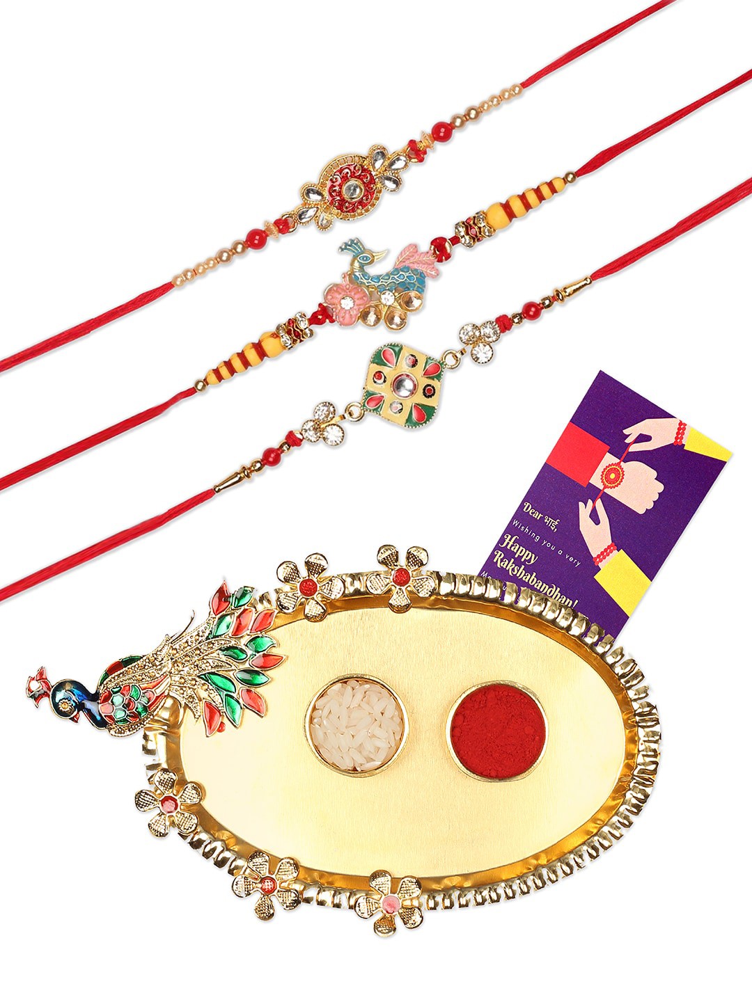 

Accessher Gift Set of 5 with Rakhis Pack of 3, Peacock Design Thali & Greeting Card, Red