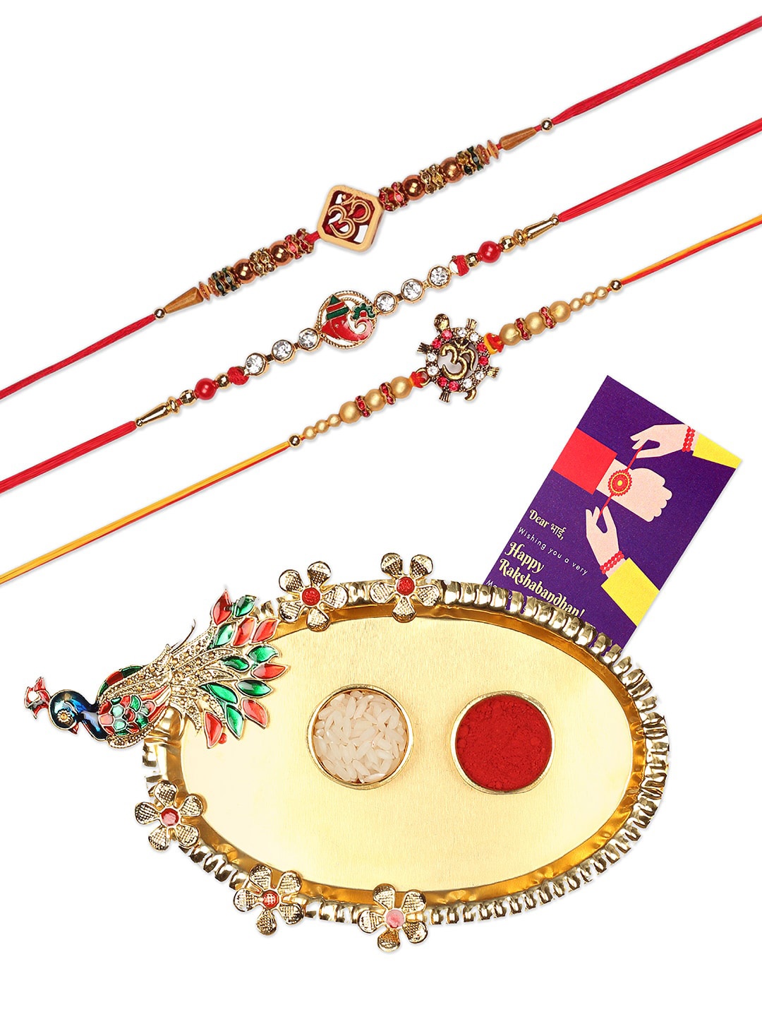 

AccessHer Set of 3 Red Rakhis With Peacock Design Thali & Greeting Card