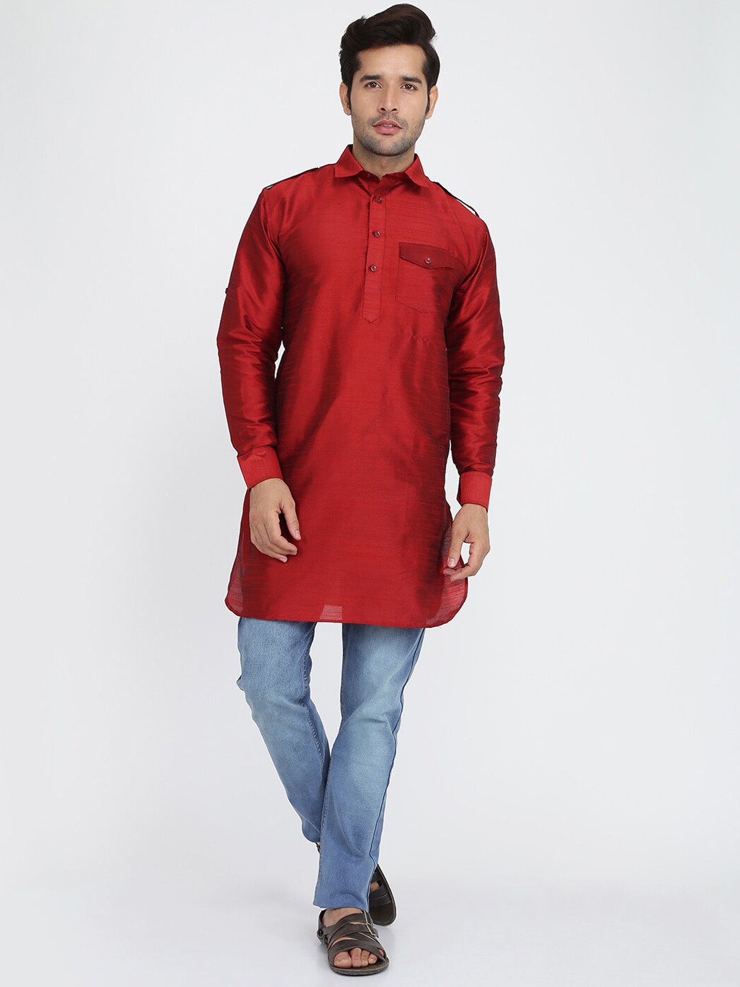 

ROYAL KURTA Men Maroon Summer Sheers Pathani Kurta