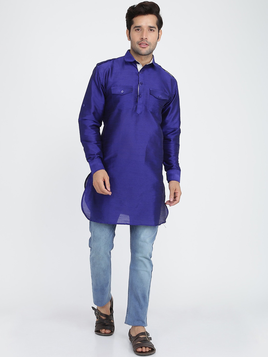 

ROYAL KURTA Men Blue Summer Sheers Pathani Kurta