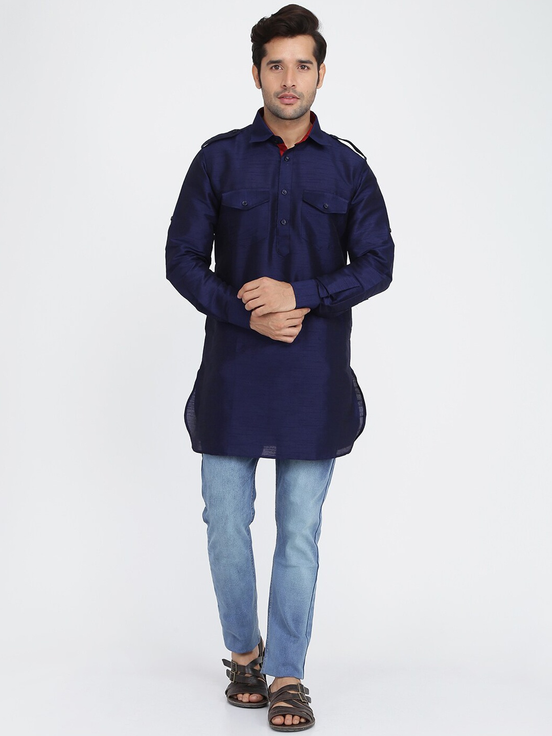 

ROYAL KURTA Men Blue Thread Work Summer Sheers Pathani Kurta