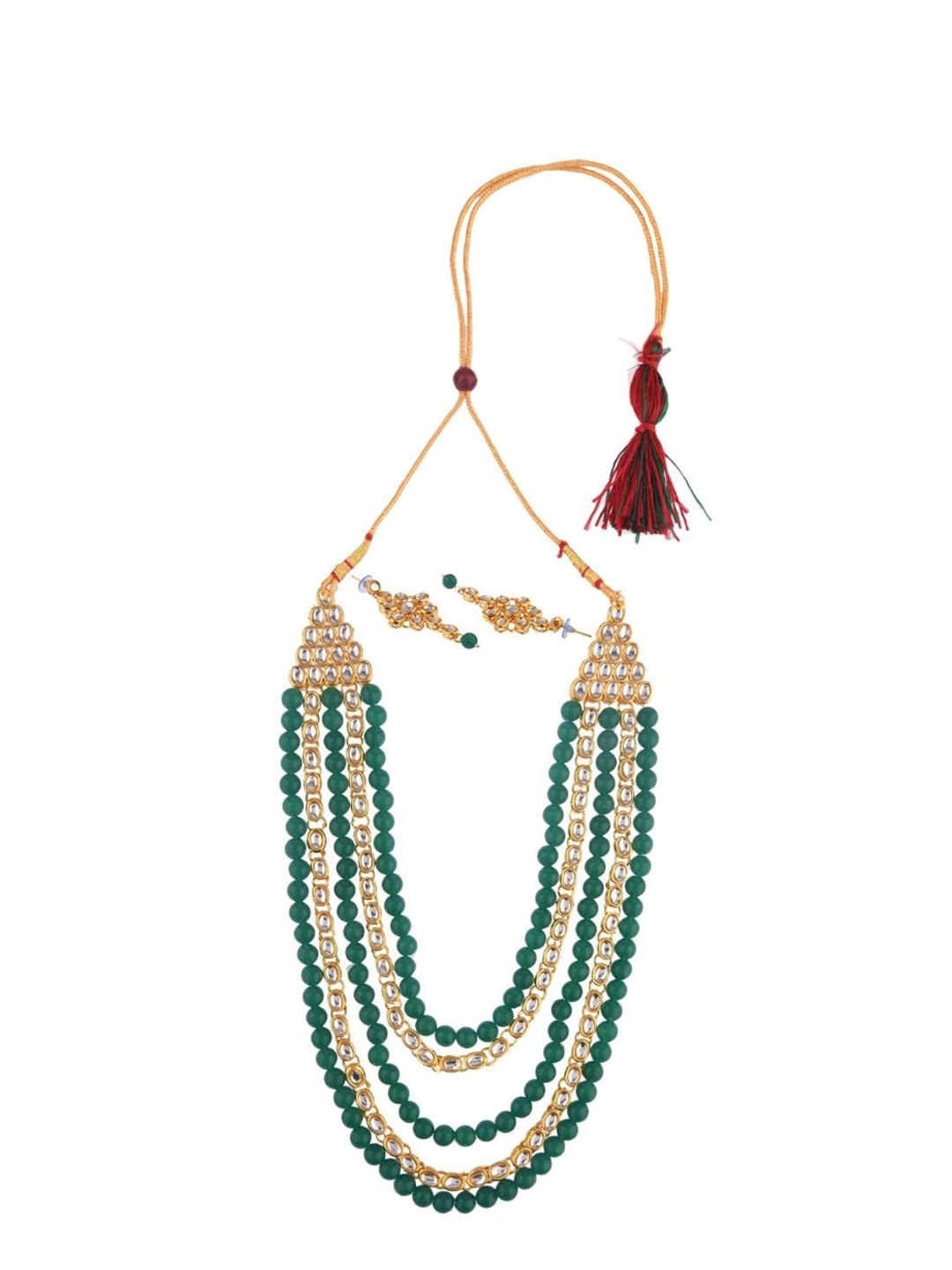 

Efulgenz Gold Plated Green & White Crystal Studded Layered Jewellery Set