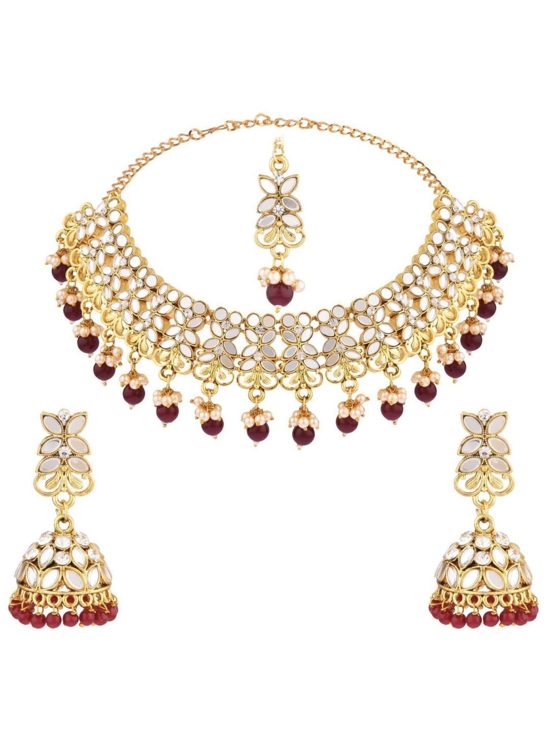 

Efulgenz Gold-Plated Maroon Crystals Studded Choker Jewellery Set