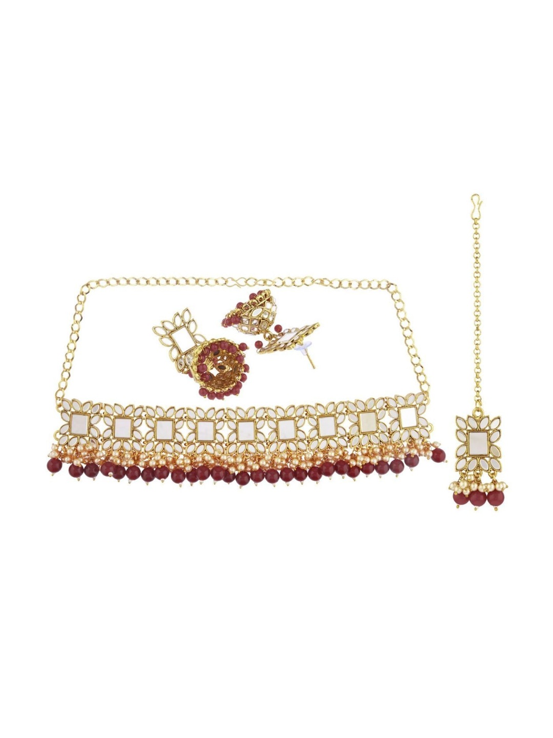 

Efulgenz Maroon Coloured Crystal Gold plated Mirror Jewellery Set