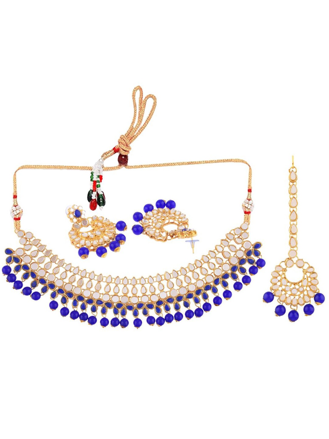 

Efulgenz Gold-Plated Blue & White Kundan Studded Traditional Jewellery Set