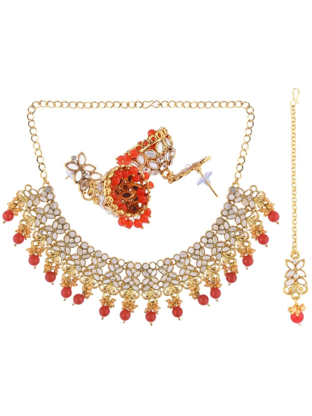 

Efulgenz Gold-Plated Red-Colored White Crystal Studded Jewellery Set