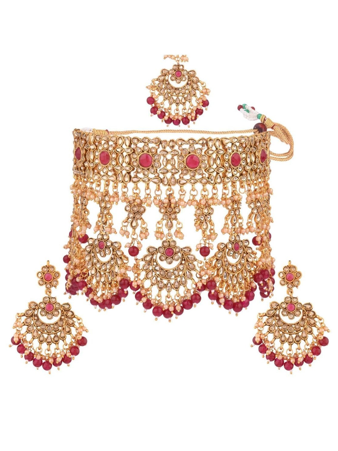 

Efulgenz Gold-Plated Red & White Crystal Studded Choker Necklace Set