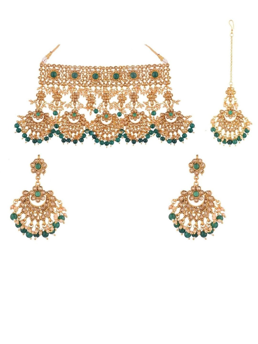 

Efulgenz Women Gold-Plated Green & Gold Crystals-Studded & Beaded Jewellery Set
